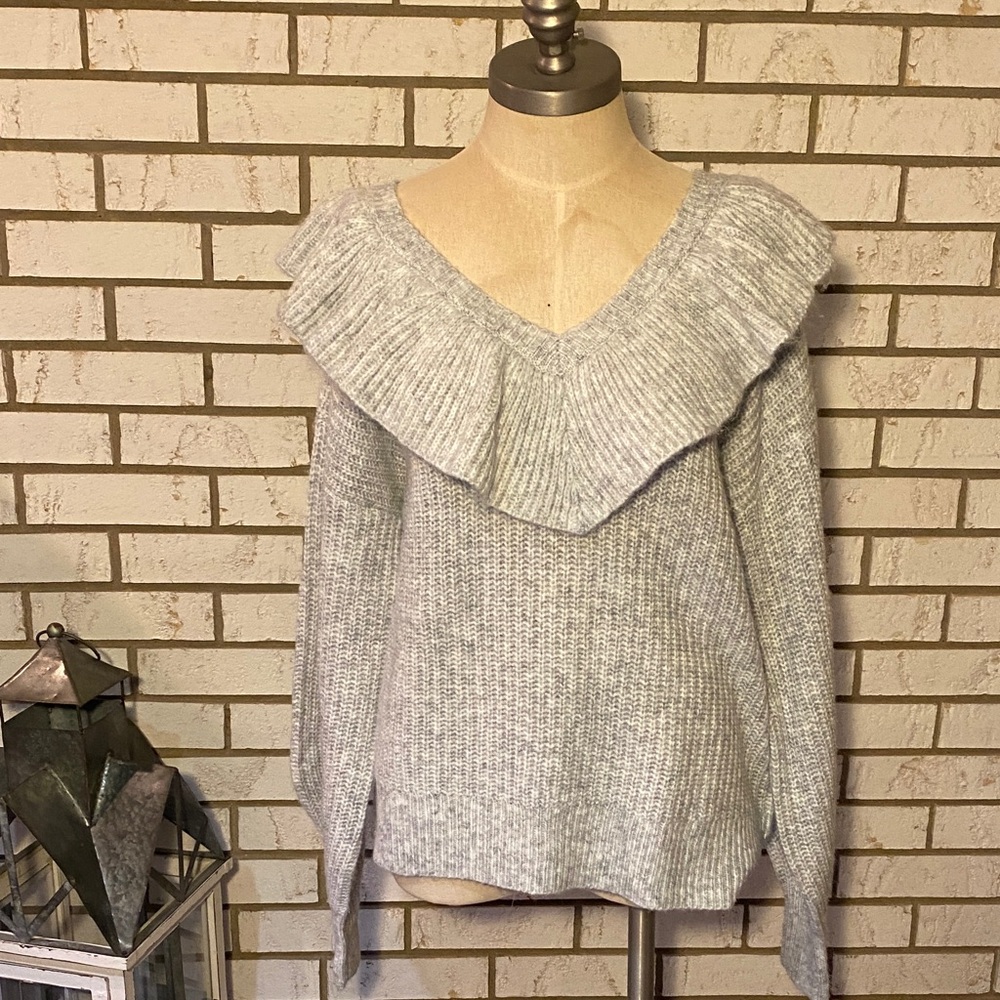 Gray Ruffled V-Neck Sweater